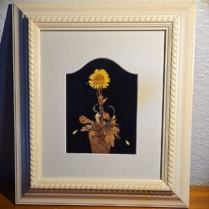 Vintage Floral Pressed Art Yellow Flower in Pot in White Frame 10.25"X8"